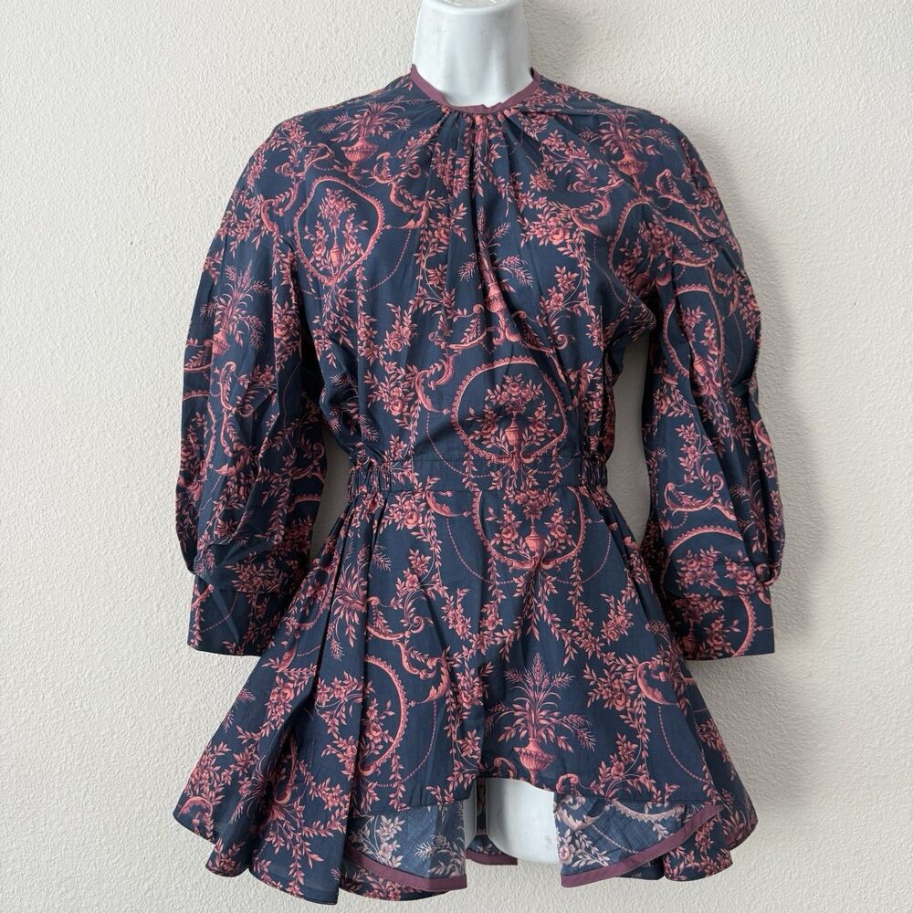 Tish Cox Toile Puff Sleeve Peplum Top XXS Navy Pink Floral Blouse Cottagecore